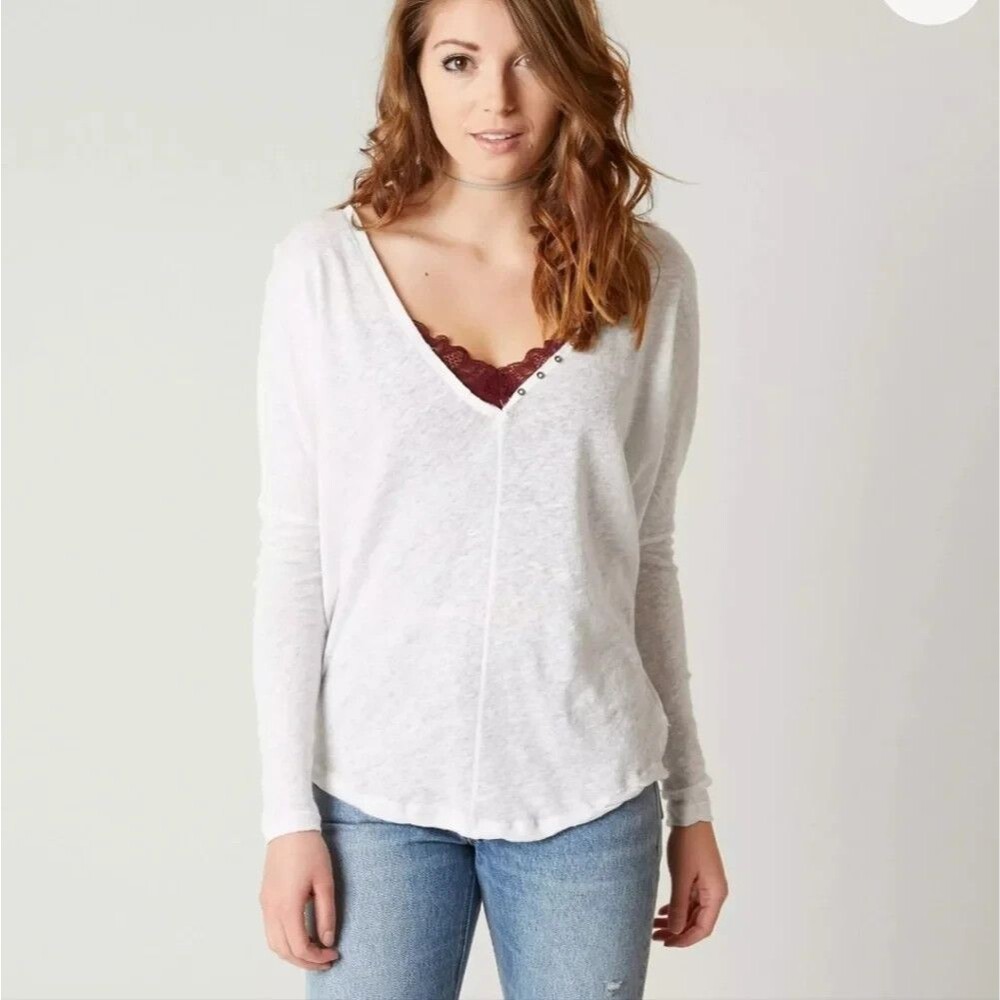 Free People Santa Cruz Henley Linen Blend Raw-Edge Details S NEW